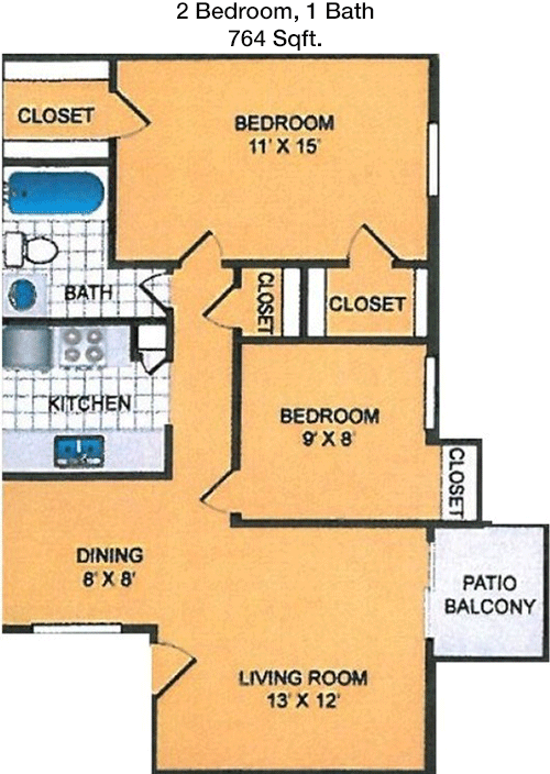 764 sq ft floorplan layout