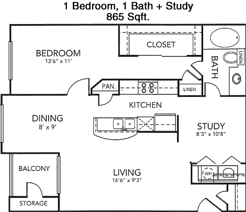 865 sq ft floorplan layout