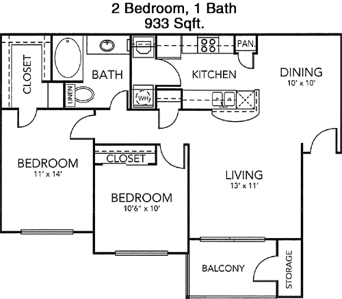 933 sq ft floorplan layout