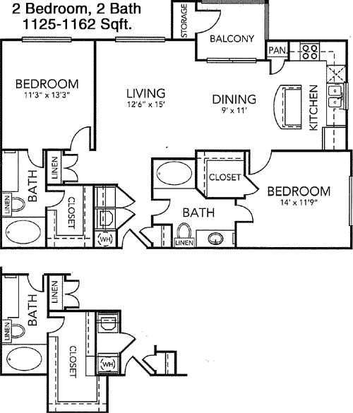 1,125 sq ft floorplan layout