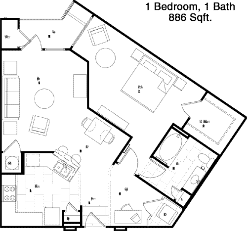 886 sq ft floorplan layout