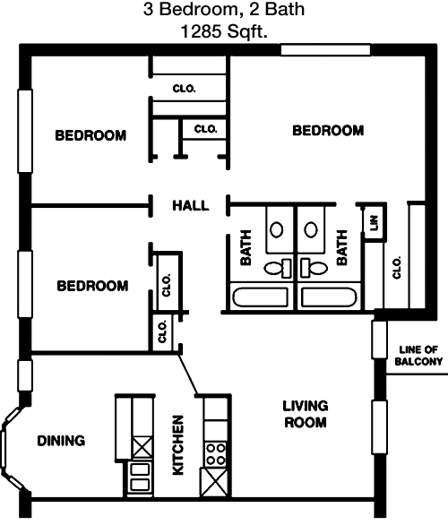 1,285 sq ft floorplan layout