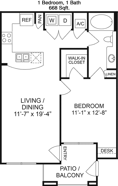 668 sq ft floorplan layout