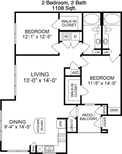 1,108 sq ft floorplan layout