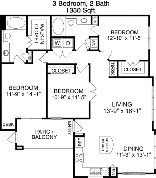 1,350 sq ft floorplan layout