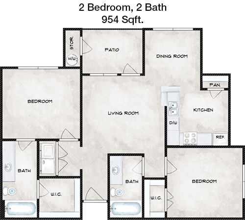 954 sq ft floorplan layout