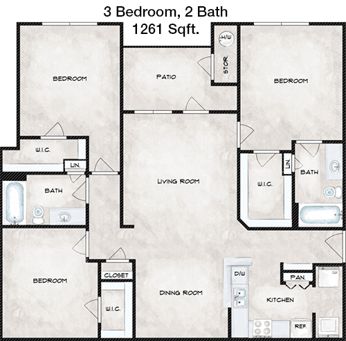 1,261 sq ft floorplan layout