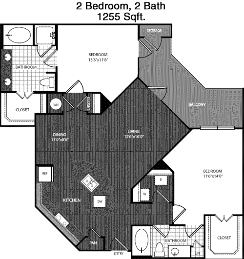 1,255 sq ft floorplan layout