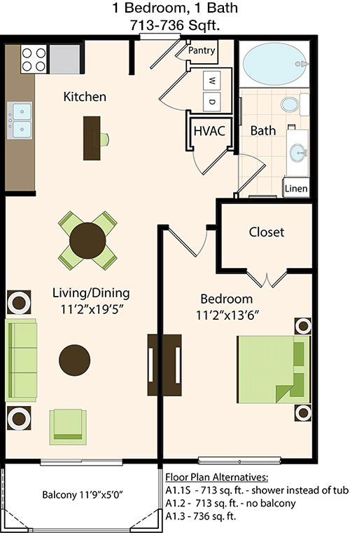 713 sq ft floorplan layout