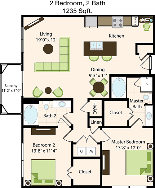 1,235 sq ft floorplan layout