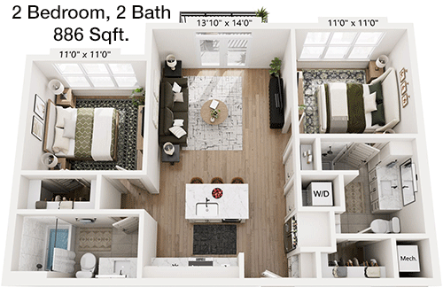 886 sq ft floorplan layout
