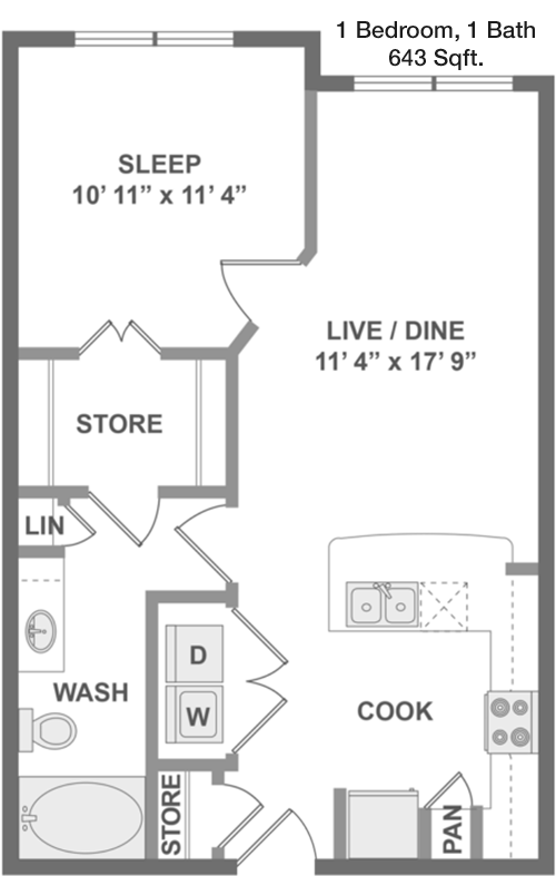 643 sq ft floorplan layout