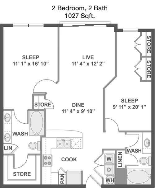 1,027 sq ft floorplan layout