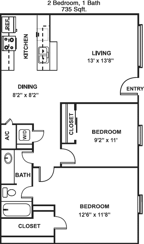 735 sq ft floorplan layout