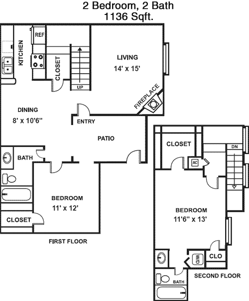 1,136 sq ft floorplan layout