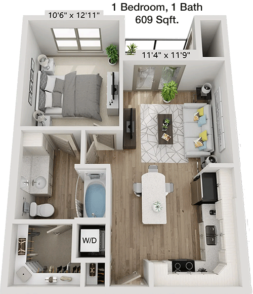 609 sq ft floorplan layout
