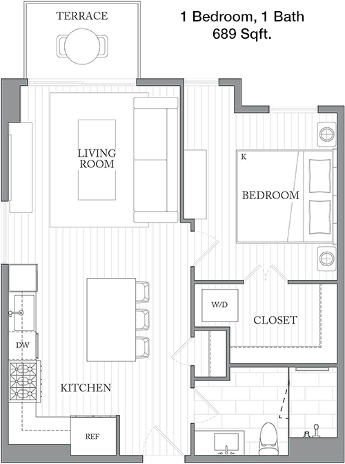 689 sq ft floorplan layout