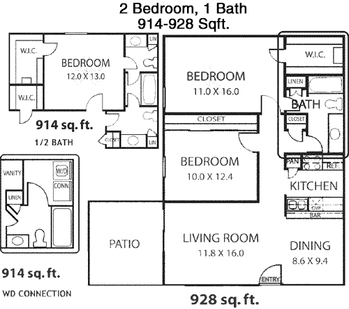 914 sq ft floorplan layout