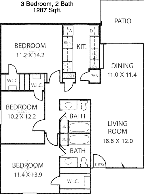 1,287 sq ft floorplan layout
