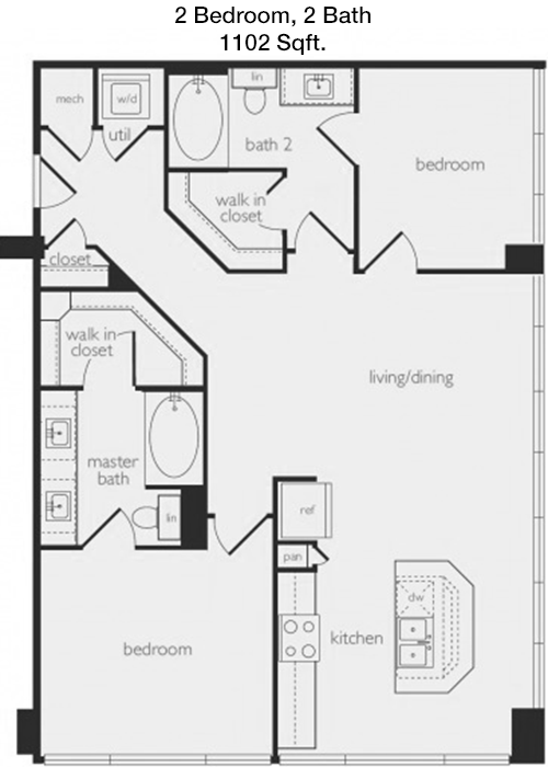 1,102 sq ft floorplan layout