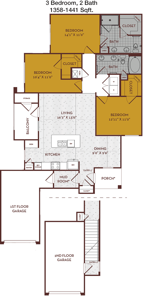 1,358 sq ft floorplan layout