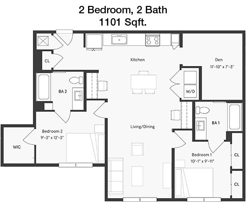 1,101 sq ft floorplan layout