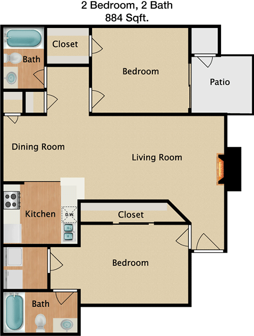 884 sq ft floorplan layout