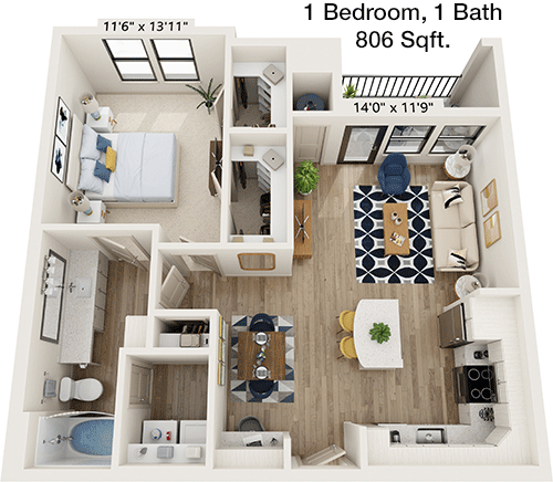 806 sq ft floorplan layout