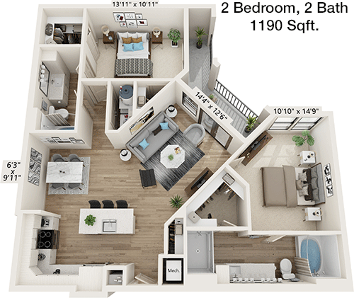 1,190 sq ft floorplan layout