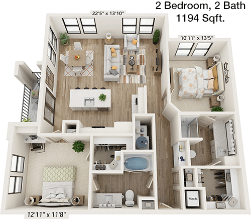 1,194 sq ft floorplan layout
