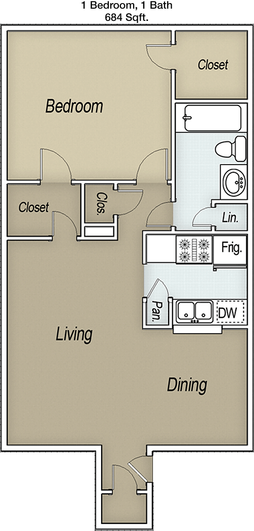 684 sq ft floorplan layout