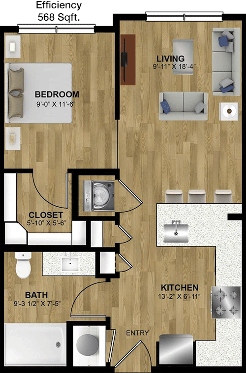 568 sq ft floorplan layout