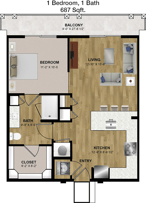 687 sq ft floorplan layout