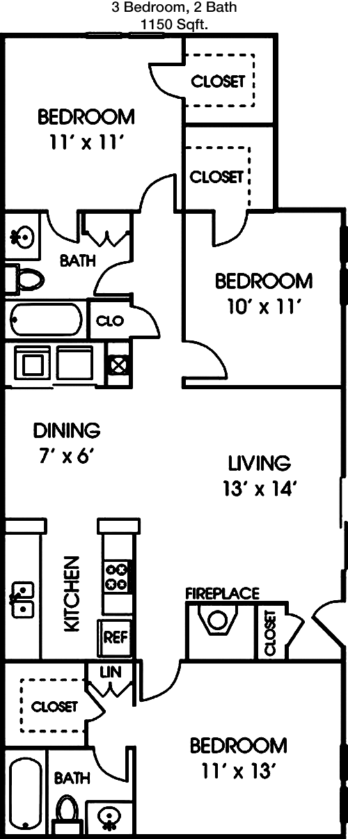1,150 sq ft floorplan layout