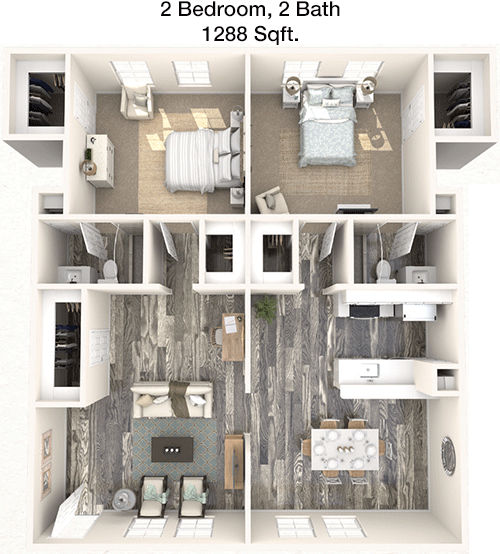 1,288 sq ft floorplan layout