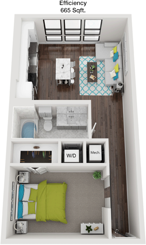 665 sq ft floorplan layout
