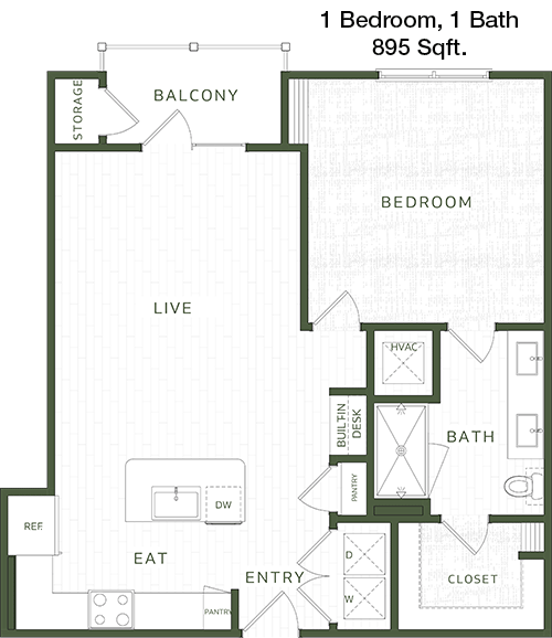 895 sq ft floorplan layout