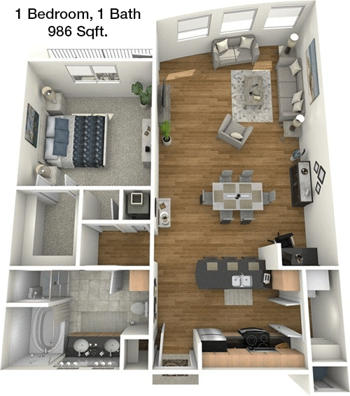 986 sq ft floorplan layout