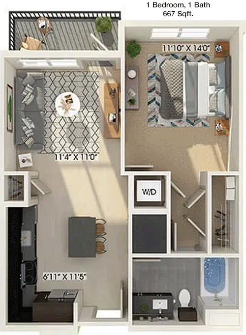 667 sq ft floorplan layout