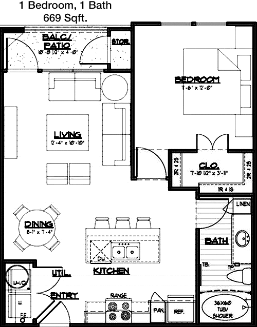 669 sq ft floorplan layout