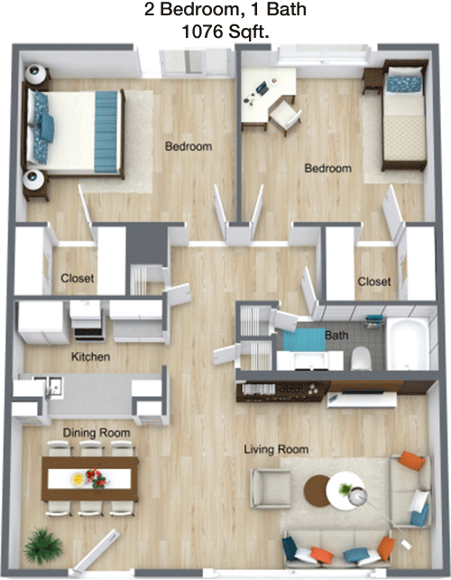 1,076 sq ft floorplan layout