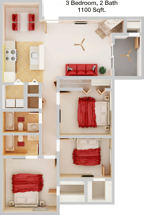 1,100 sq ft floorplan layout