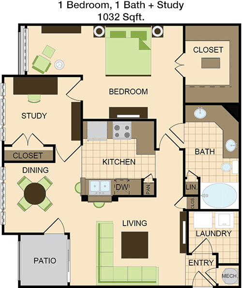 1,032 sq ft floorplan layout