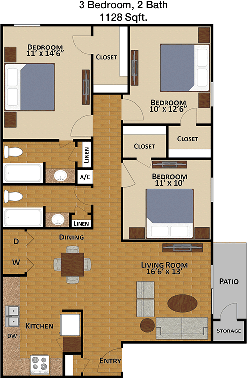 1,128 sq ft floorplan layout