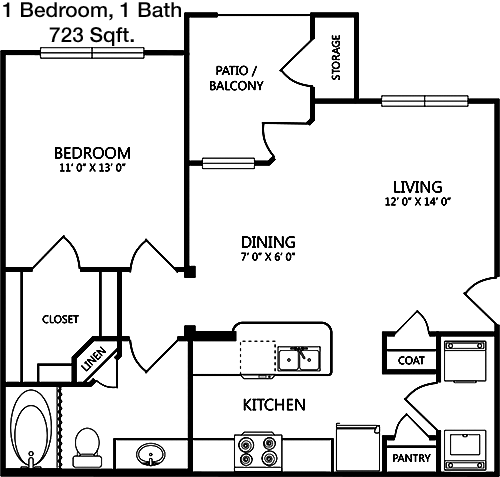723 sq ft floorplan layout