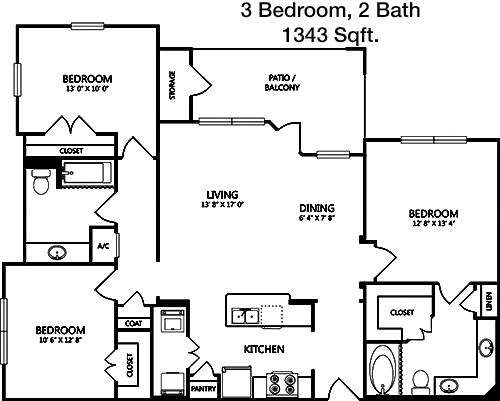 1,343 sq ft floorplan layout
