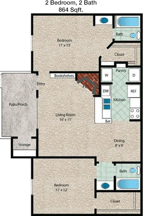 864 sq ft floorplan layout