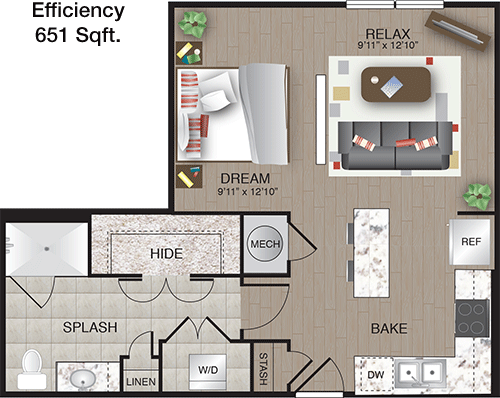 651 sq ft floorplan layout
