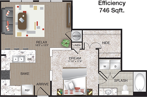 746 sq ft floorplan layout