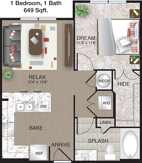 649 sq ft floorplan layout